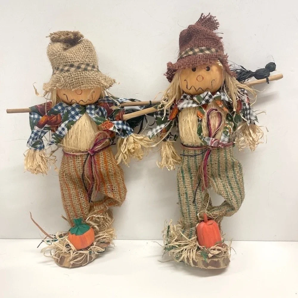 Rustic Fall Harvest Scarecrow Figurines Set of 2 Burlap Raffia Decor 12 Inch